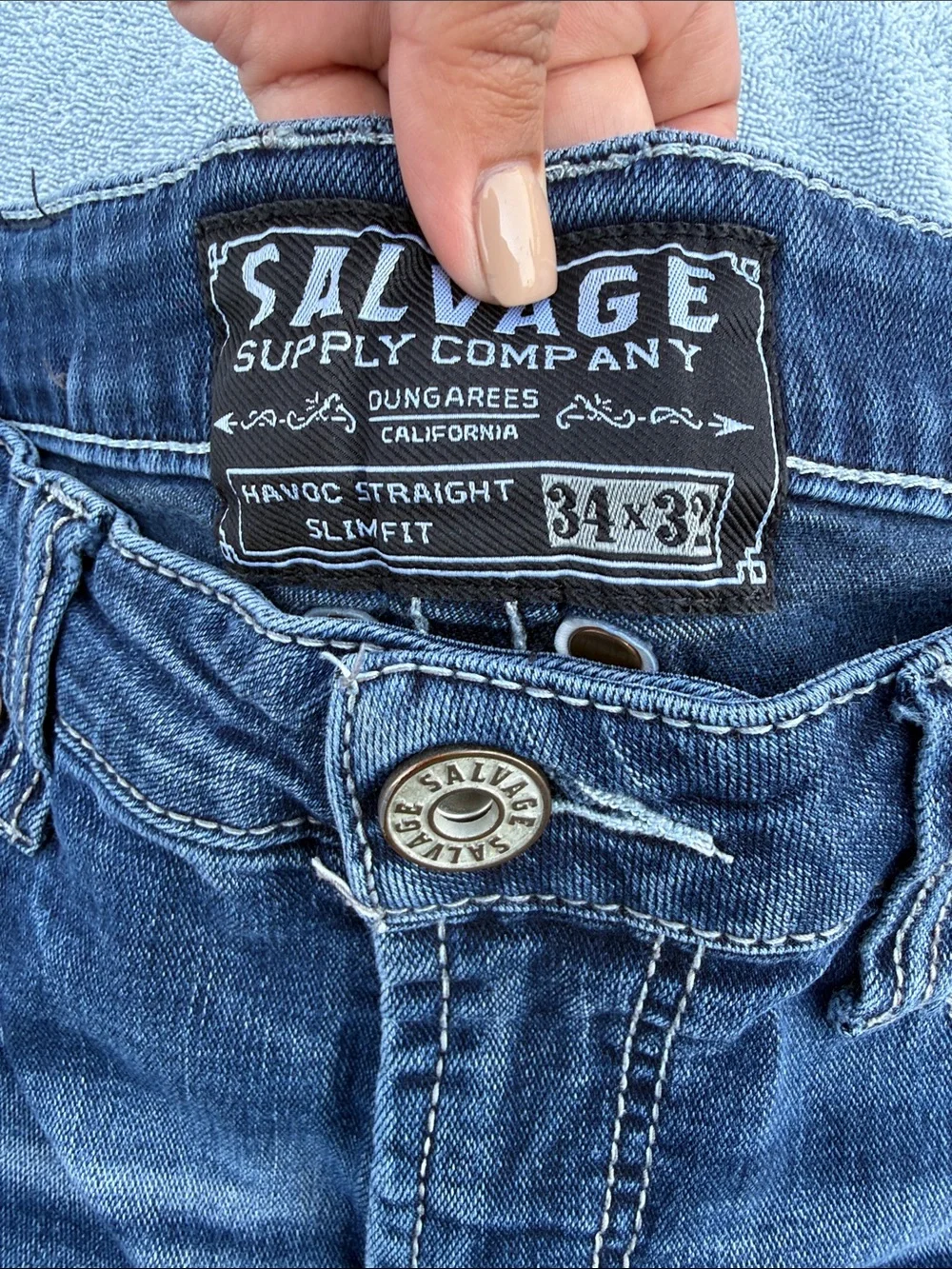 Salvage Men's Dark Blue Skinny Jeans with Striped Embroidered Back Pockets